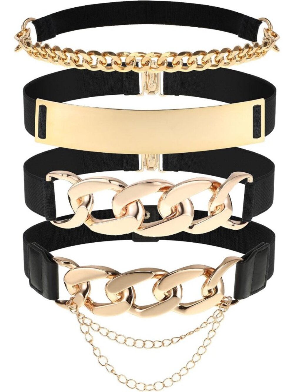 4 Pack Women's Stretch Waist Belts with Gold Buckle | Fashion Wide Elastic Chain